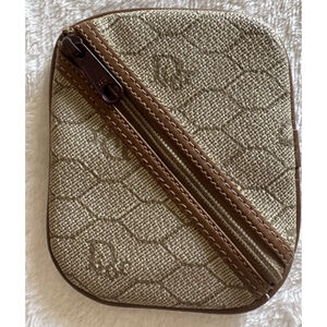 Vintage DIOR Honeycomb authentic Vintage coin wallet purse pouch Tan PVC Leather